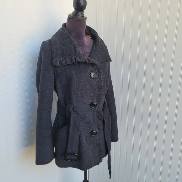 Steve Madden Womens Ruffle Front Jacket Charcoal Gray Belted Polyester Viscose M - Picture 8 of 14